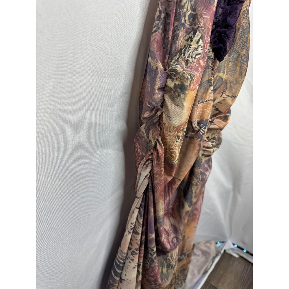 Vintage Mesh Maxi Dress Leopard Floral Script Print Ruffle Trim Bodycon Brown - Picture 5 of 13